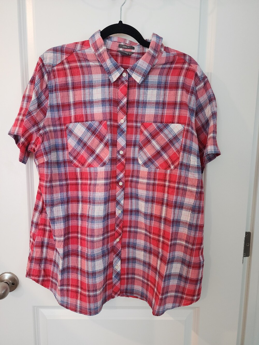 Eddie Bauer Red, White, & Blue Plaid Short-Sleeve Button-Up Shirt Size 2x.